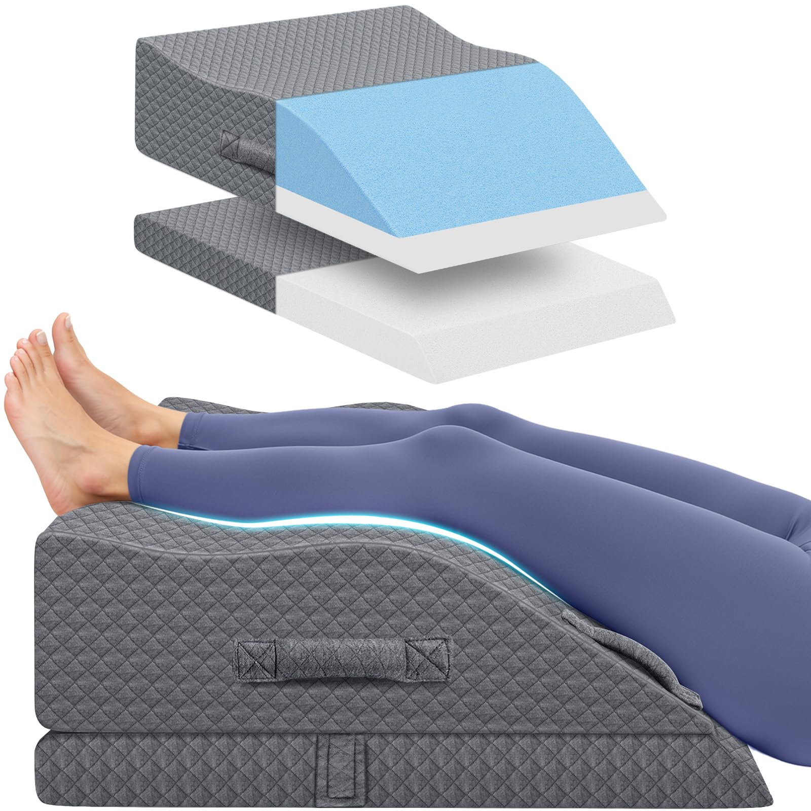 ComfyInLove Elevation Pillows for Leg After Surgery, Memory Foam Adjustable Wedge Pillow for Injury or Rest, Ankle Pillow for Sleeping Blood Circulation Grey/Double Leg
