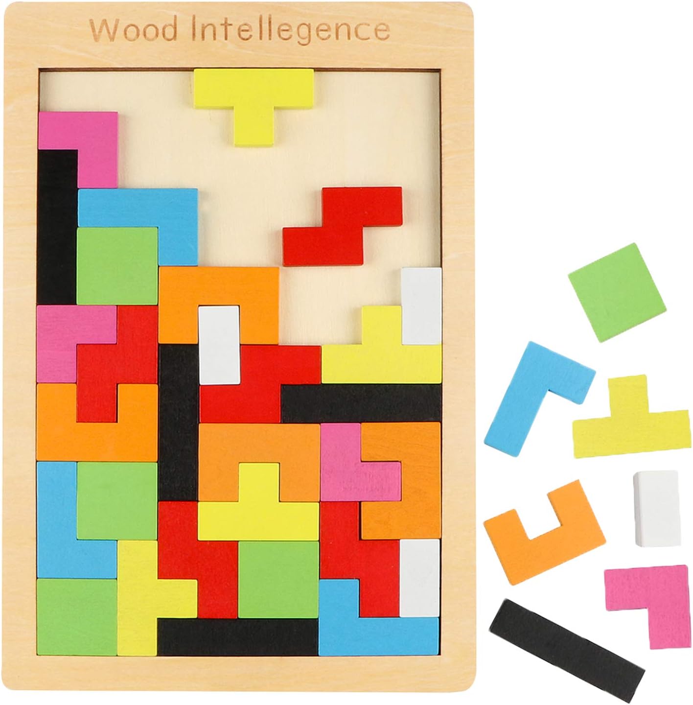 Jacootoys Wooden Tetris Puzzle 40pcs Tangram Games, Wood Jigsaw Box