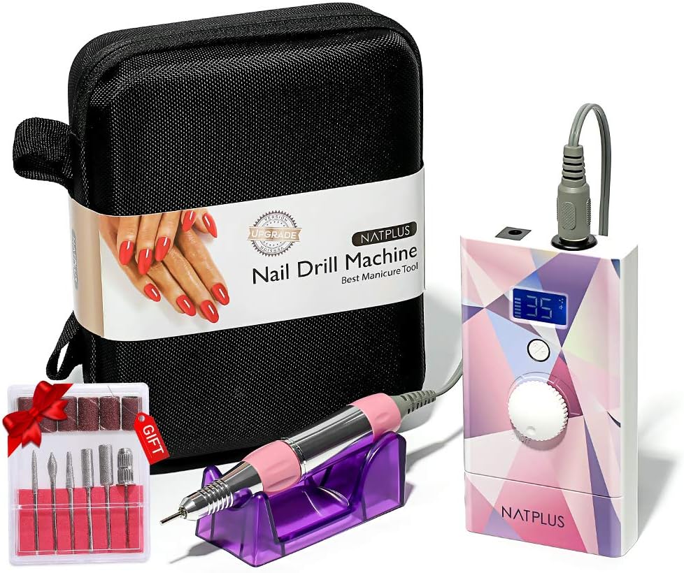 NATPLUS Professional Nail Drill Machine 35000 RPM Upgrade with Screen and Tool Bag Portable Wireless Portable E-file Kit 3/32 Rechargeable Electric Nail File Wireless.