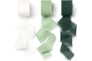 AOKSUNOVA Ribbon Chiffon Handmade Frayed Fringe Fabric Ribbons for Gift Wrapping Floral Ribbon Green +White +Dark Green 1" x 