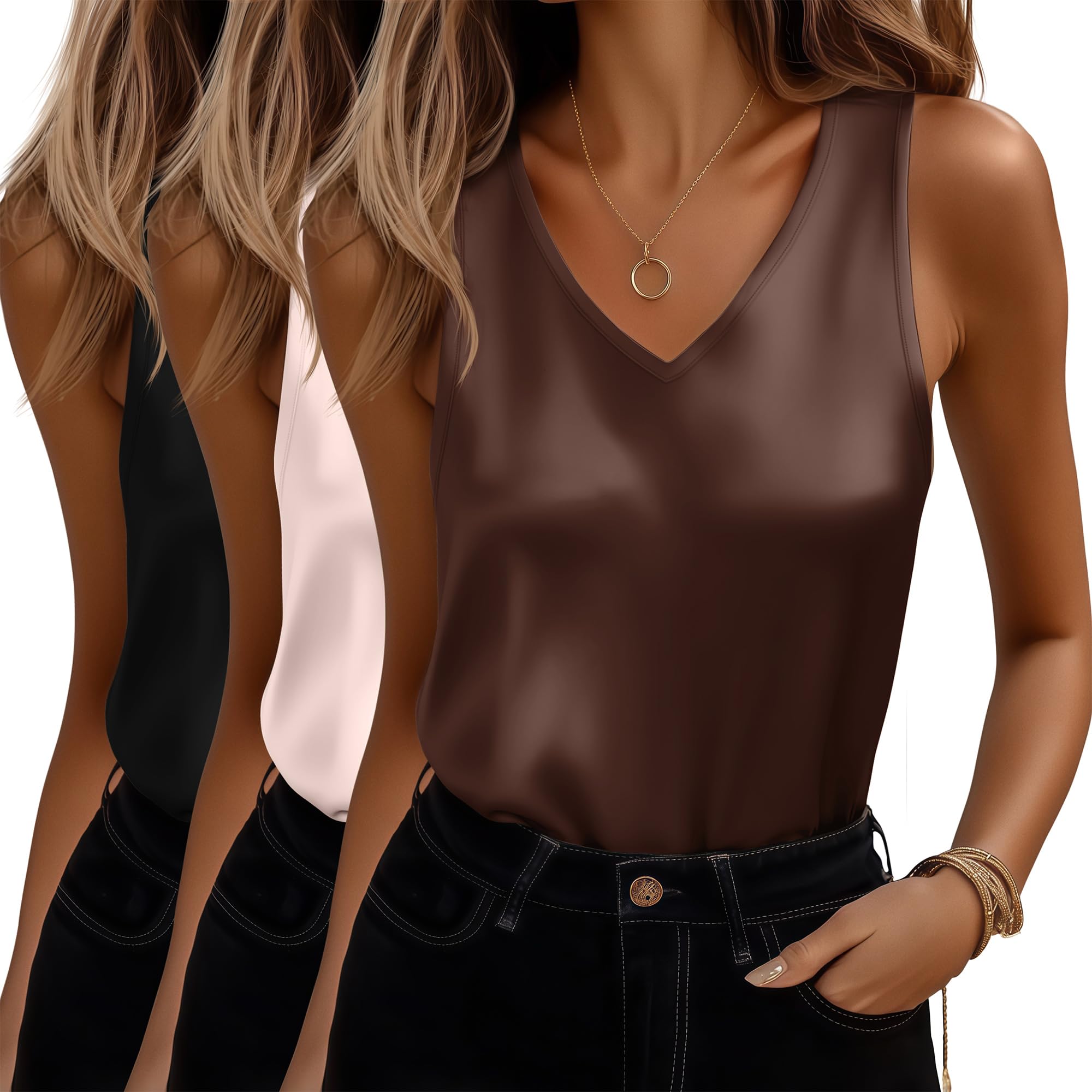 Photo 1 of Riyiper 3 Pack Women's Silk Satin Tank Tops, Sleeveless V Neck Cami Summer Basic Camisole Loose Fit Casual Blouses Shirt(Small,Black, Coffee, Champagne)