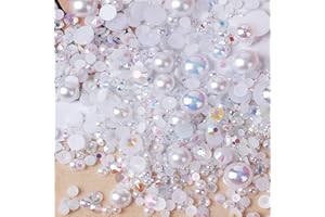 Niziky 1100PCS Flatback Pearls and Rhinestone, Mixed Size 3mm-10mm AB Color Resin Rhinestones Half Pearls for Crafts, 30g Half Round Flatback Pearls Rhinestones for Nail Face Art Crafts