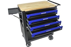 Campfun Rolling Tool Cart 4 Drawers Tool Box with Wheels, Wooden Top Tool Boxes, Mechanic Tool Cart, Tool Workbench with Drawers, Tool Storage Cabinet for Garage, Warehouse, Repair Shop, Blue