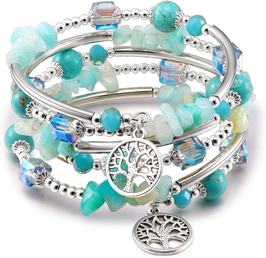 Cat Eye Jewels Layered Wrap Bracelet Gemstone Amethyst Crystal Lava Imitated Pearl Turquoise Tree of Life Charm Bangle Bracelets for Women Girls Boho Jewelry