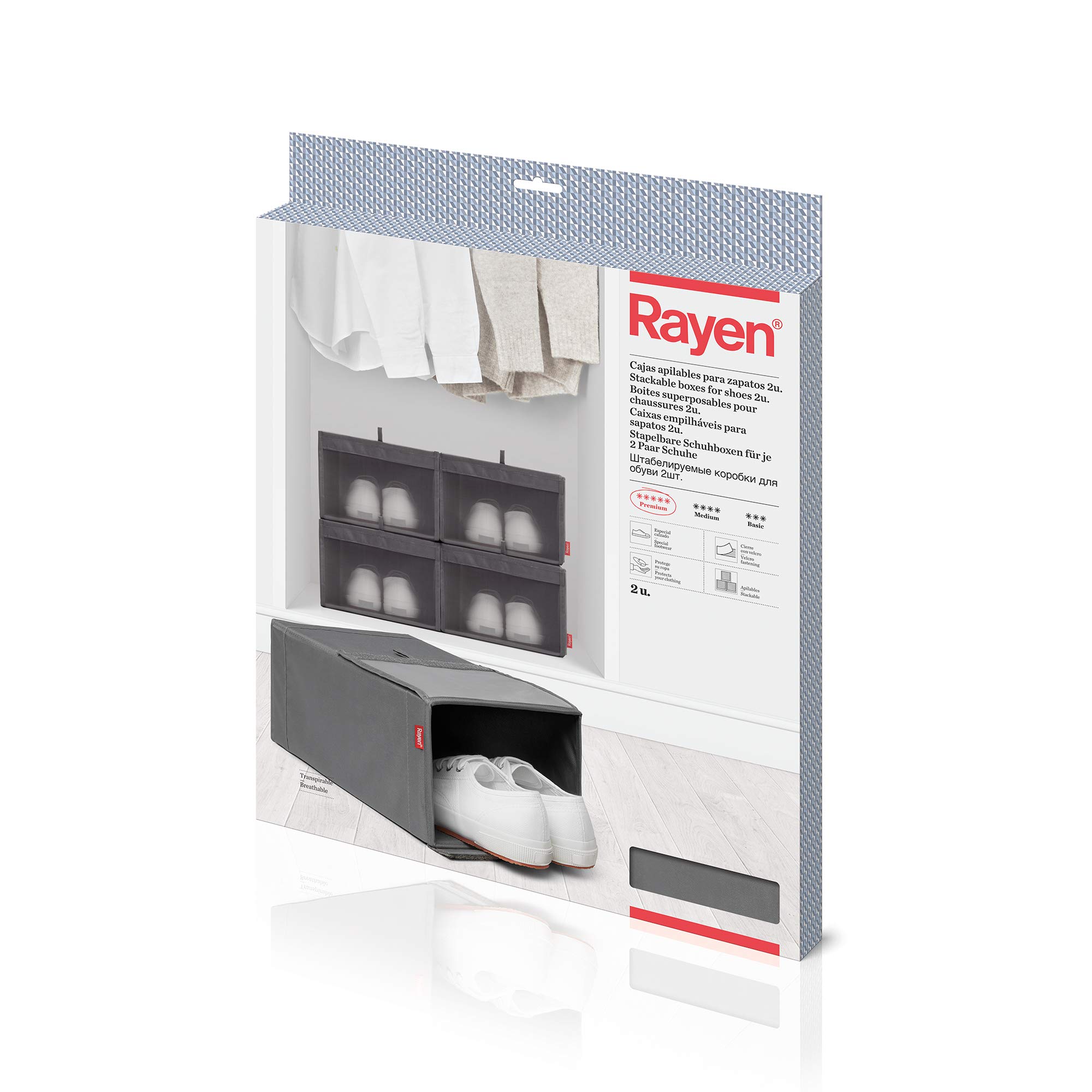 Rayen Shoe Boxes | Pack of 2 | Velcro Closure | Stackable | Premium Range | Dimensions: 45 x 35.5 x 4 cm, Polyester, Grey, Medidas: 23 x 34 x 16 cm 2233.01