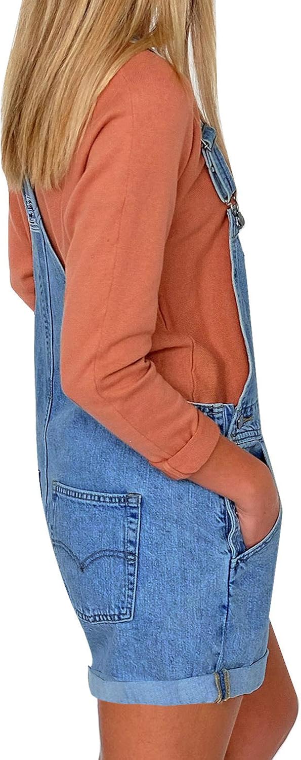 LookbookStore Womens Ripped Denim Bib Overall Shorts Raw Hem Shortall Jeans