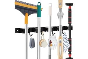 Piyl Mop and Broom Holder Wall Mount - 5 Racks and 4 Hooks Broom Hanger Mop Organizer Storage Tool Racks Stainless Steel Heavy Duty Utility Hooks for Home Kitchen Garden Laundry Garage Closet
