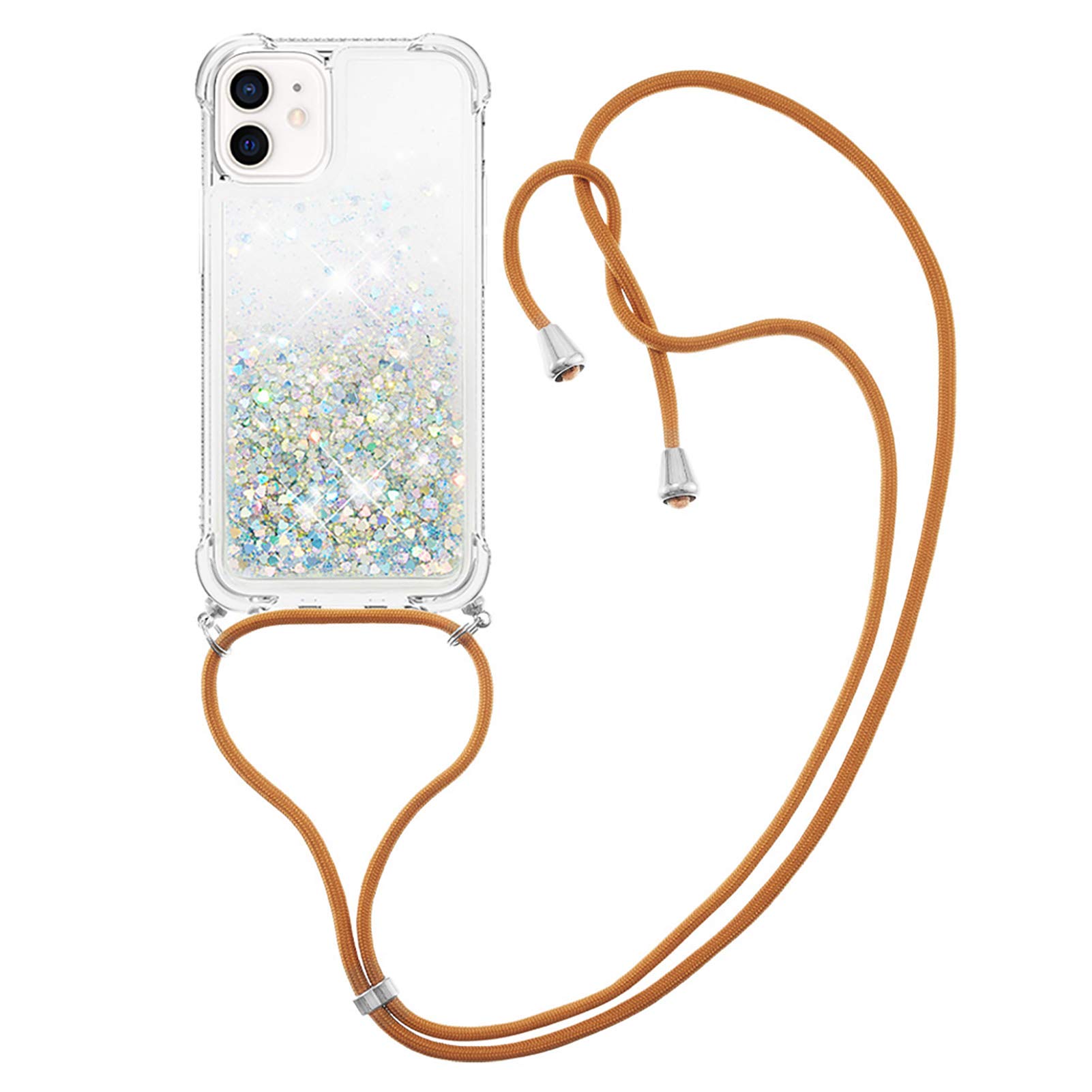 MRSTER Lanyard Phone Case for iPhone 12 Pro Max, Bling Glitter Quicksand Liquid Sparkle Silicone TPU Case Cover With Crossbody Necklace Cord Strap for iPhone 12 Pro Max 6.7โ. LP Love Silver