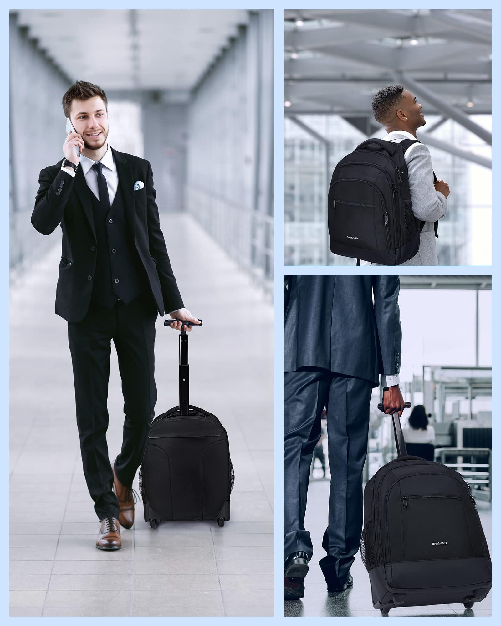 BAGSMART Rolling Backpack, Travel Laptop Backpacks with Wheels, Large Roller College Bookbag, wheeled Computer Bag Business Luggage Carry on for Men Fits 17 Inch Laptop, Black