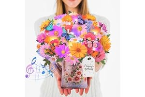 CUISH Birthday Cards with MUSIC &LIGHTS, Gerbera Daisy and Butterflies, 10 Inch Life Sized Forever Flower Bouquet 3D Pop Up Birthday Gift Card for Women Wife Mom Daughter Sister