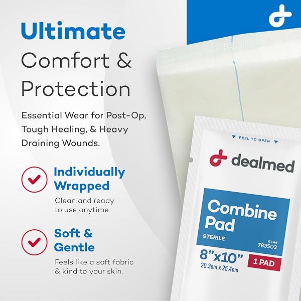 DEALMED ABDOMINAL COMBINE PADS 8″X10″ (24-PACK) STERILE INDIVIDUALLY WRAPPED, ABD PADS, ABSORBENT, NON ADHERENT FOR WOUND CARE, DRAINAGE, FIRST AID, 24/BOX (1 PACK)