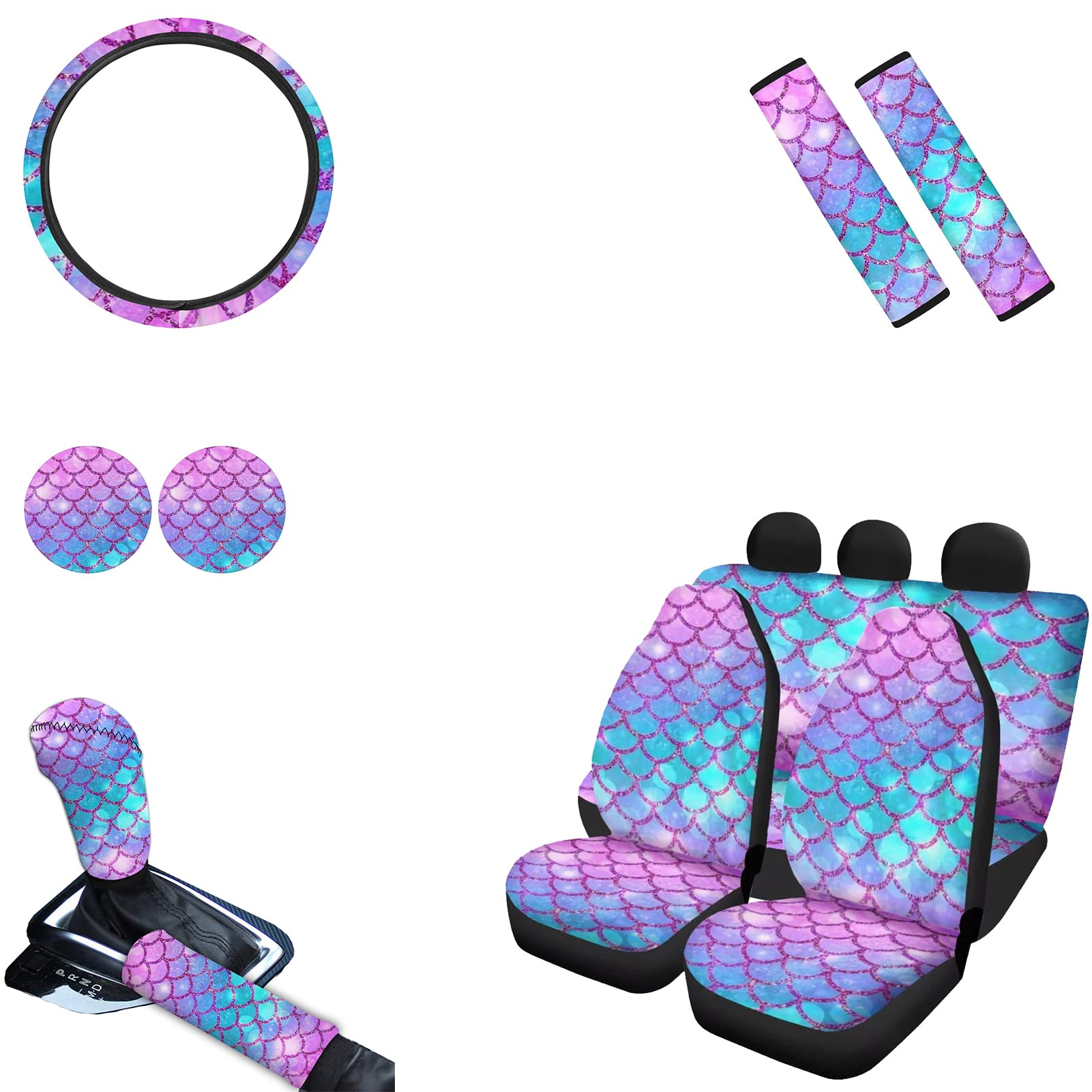 Photo 1 of AFPANQZ Bling Mermaid Scales Car Seat Covers Full Set of 11 Seat Accessories Protector Hand Brake and Gear Shift Knob Cover, Seat Belt Pads, Steering Wheel Cover Universal Fit Car Truck SUV Blue Pink