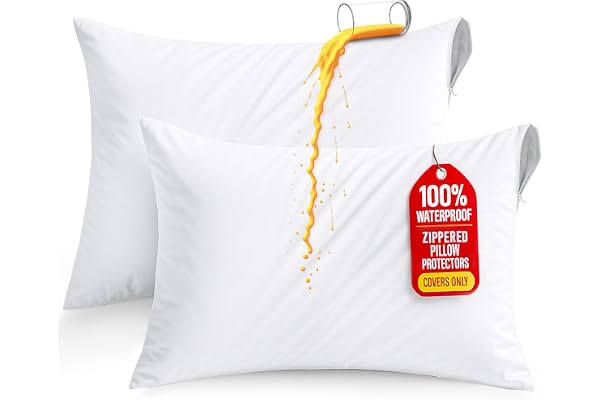 Utopia Bedding Waterproof Pillow Protectors Zippered Queen Size (2 Pack, White), Zippered Pillowcases, Bed Bug Proof Pillow E