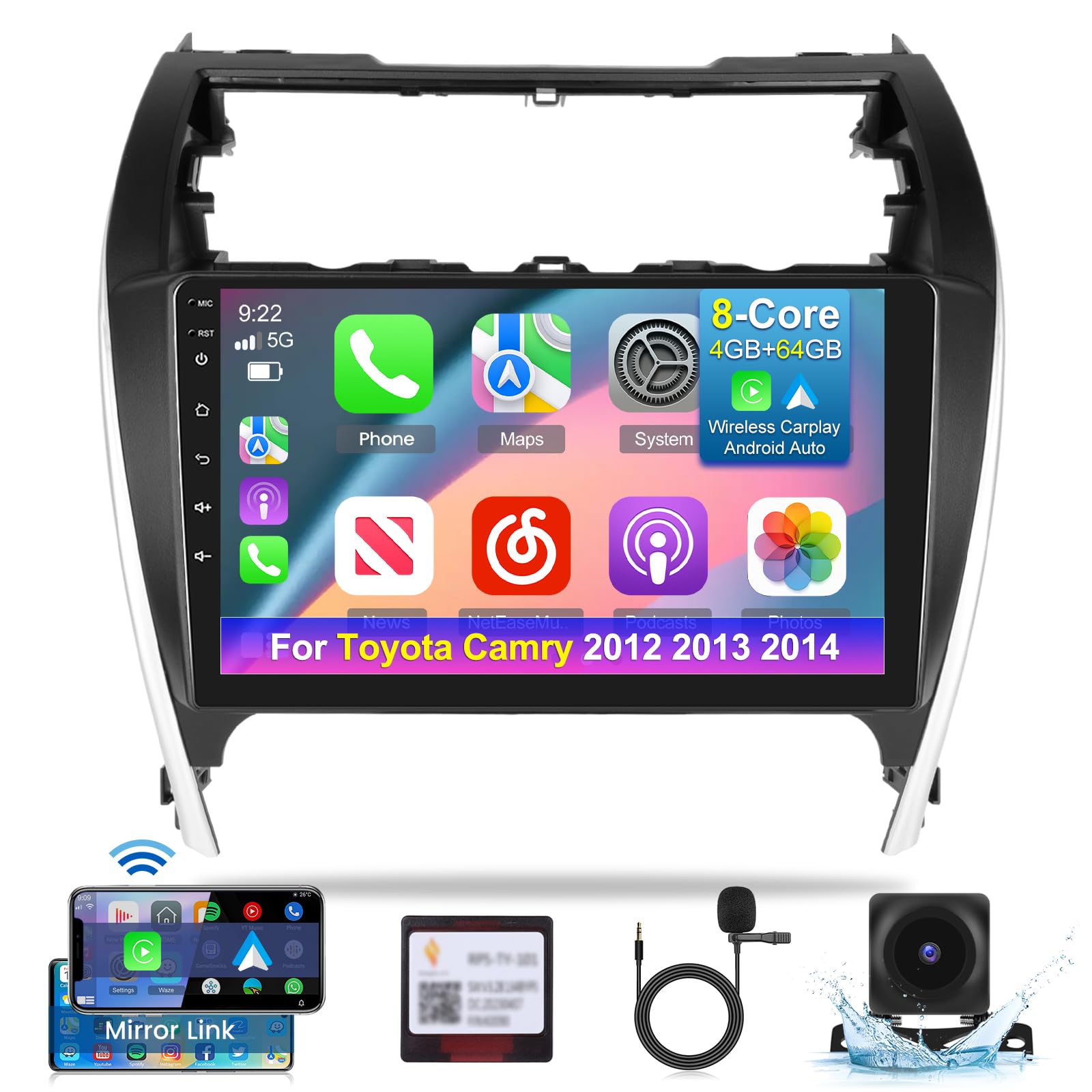 Photo 1 of [8 Core 4+64G] NHOPEEW Car Radio for Toyota Camry 2012-2014 with Wireless Carplay and Android Auto - 10.1 Inch IPS 1280 * 720 Touchscreen Android Car Stereo - 32EQ DSP/WiFi/GPS + AHD Backup Camera