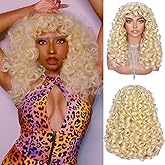 RunM Curly Wig with Bangs for Black Women Long Curly Afro Wig Big Bouncy Fluffy Synthetic Fiber Glueless Hair for Cosplay and Daily 17 Inch（Light Blonde）