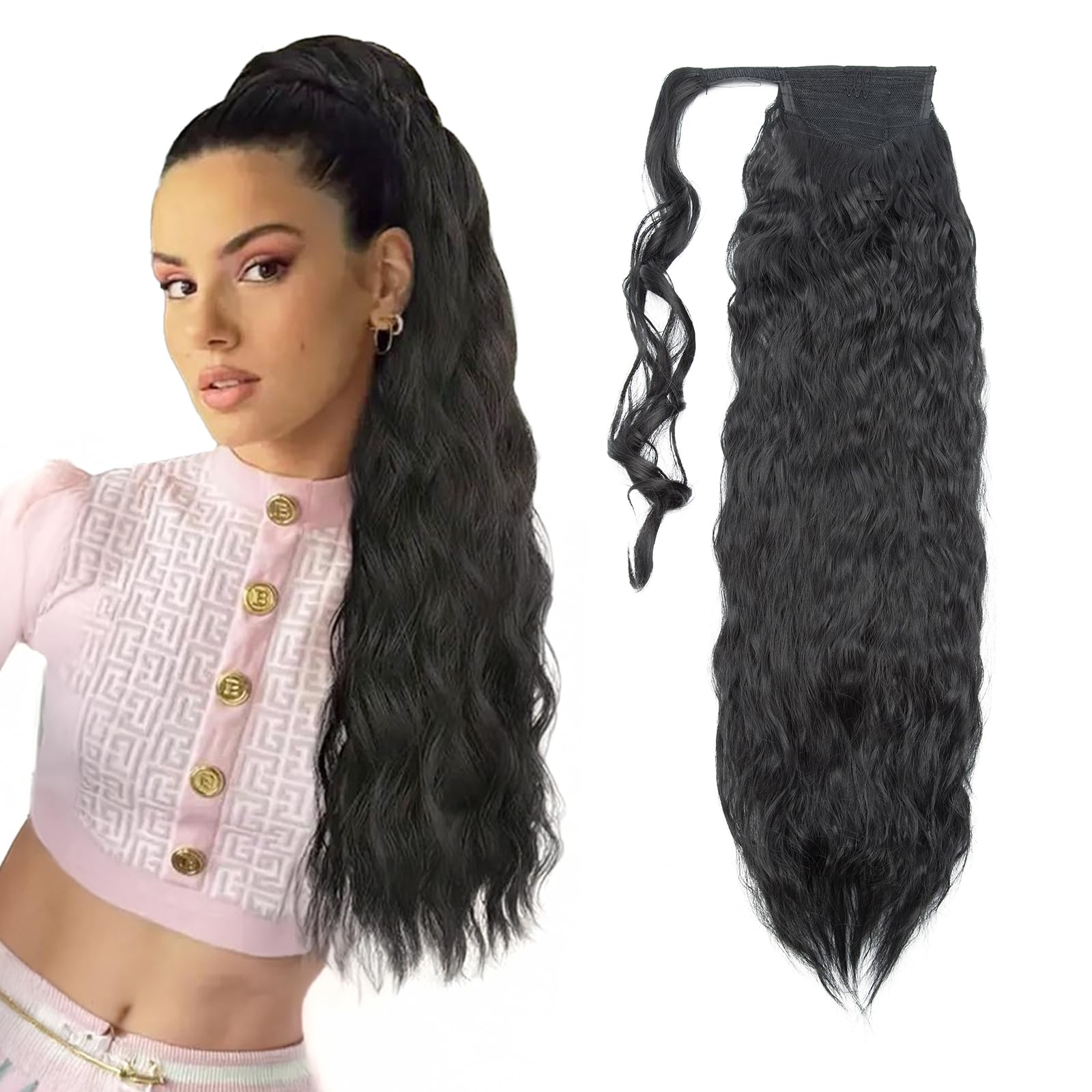 Magic Paste Wrap Around Ponytail Extensions Long Corn Wave Ponytail Hairpiece Clip on Ponytail Hair Extensions for Women 26 Inch - Dark Black