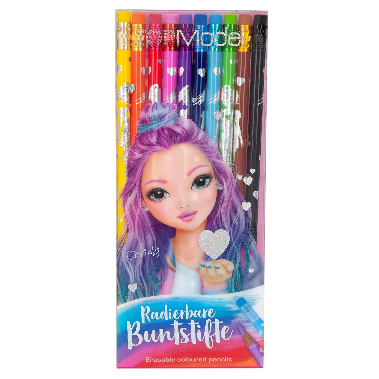 Depesche 1595 TOPModel - Erasable Colouring Pencils, 10 Pens in 10 Bright Colours with Eraser Topper, Ideal for Painting and School