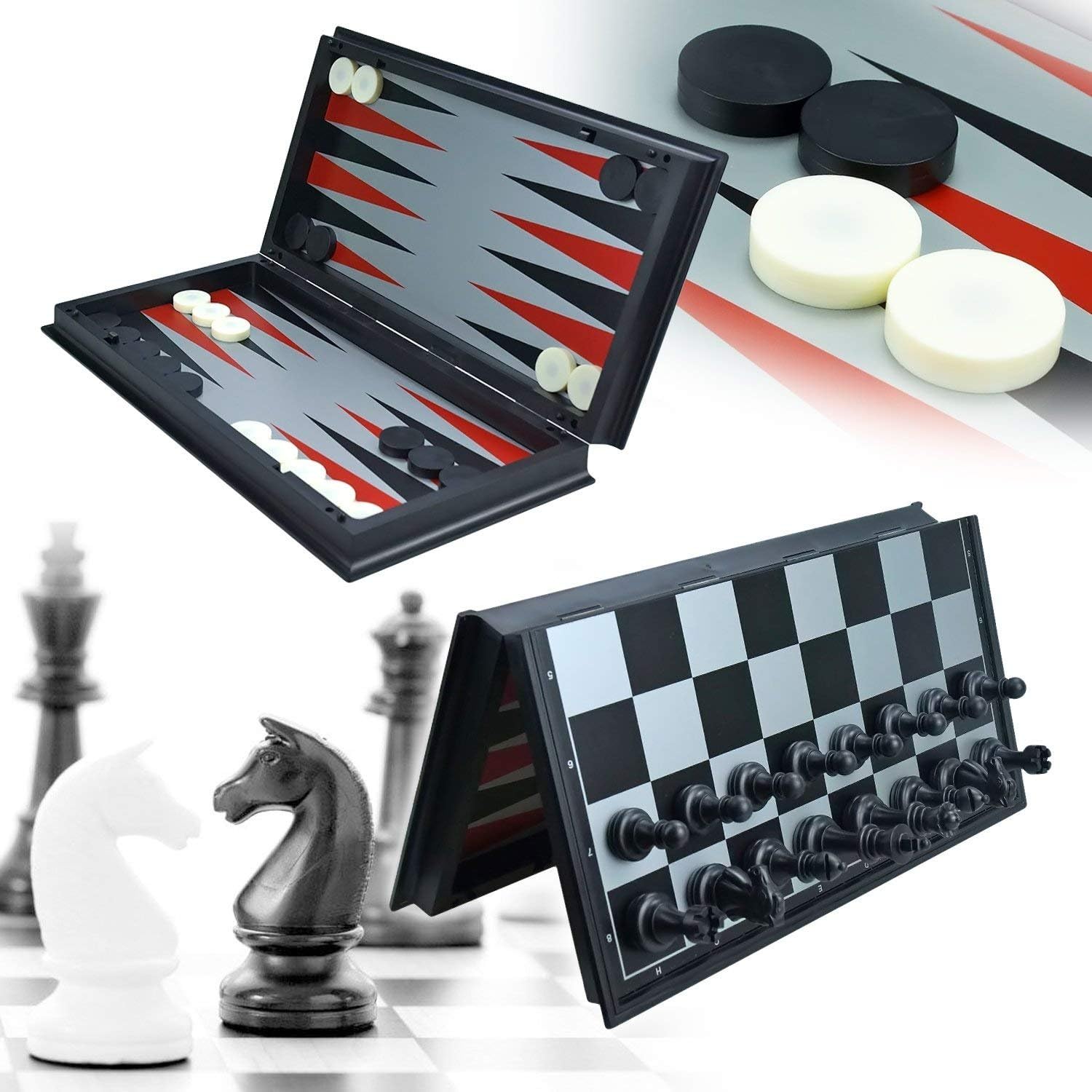JIMIYOKI 3 in 1 Game Set -Chess Checkers Backgammon Pieces Travel Chess Set Magnetic Foldable Chess Set Portable Board Game for Tour for Kids and Adults