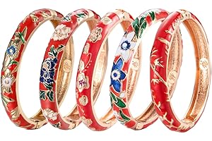 UJOY Bangles 5 Pcs Enamel Jewelry Set Rose Flower Engraved Cloisonne Bracelets Pack in a Box 5PCS