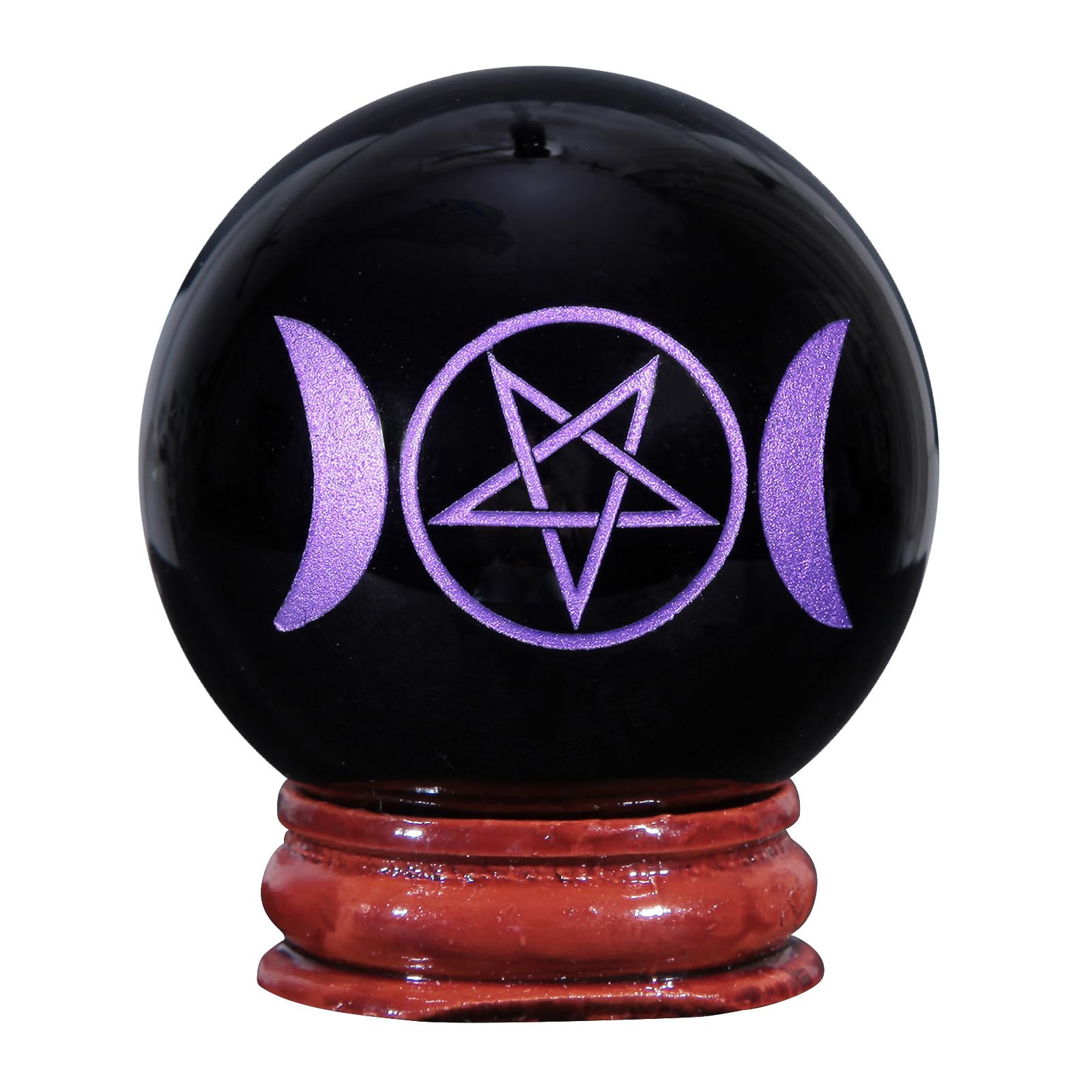 Nupuyai 1.9" Engraved Symbol Obsidian Crystal Ball with Stand, Polished Feng Shui Crystal Sphere Stone Ornament Home Office Decor, Pentacle & Triple Moon, Purple
