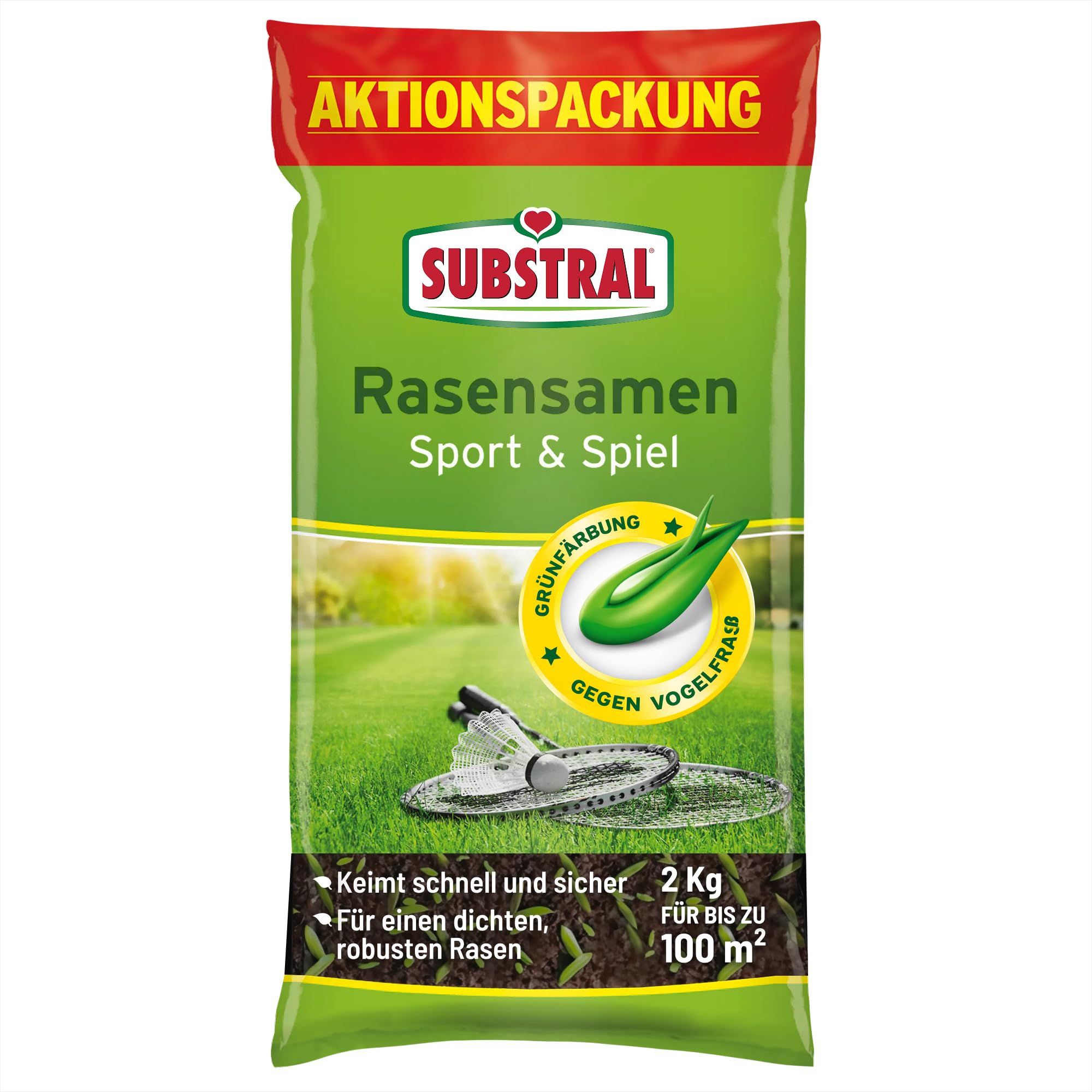 Substral Rasensamen Sport und Spiel, 2kg für 100m² - strapazierfähige Rasensaat-Mischung mit Grünfärbung gegen Vogelfraß