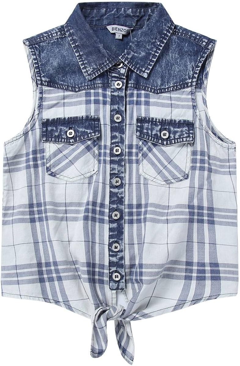 Bienzoe Girl’s Cotton Plaid Denim Sleeveless Tied Casual Blouse: Clothing