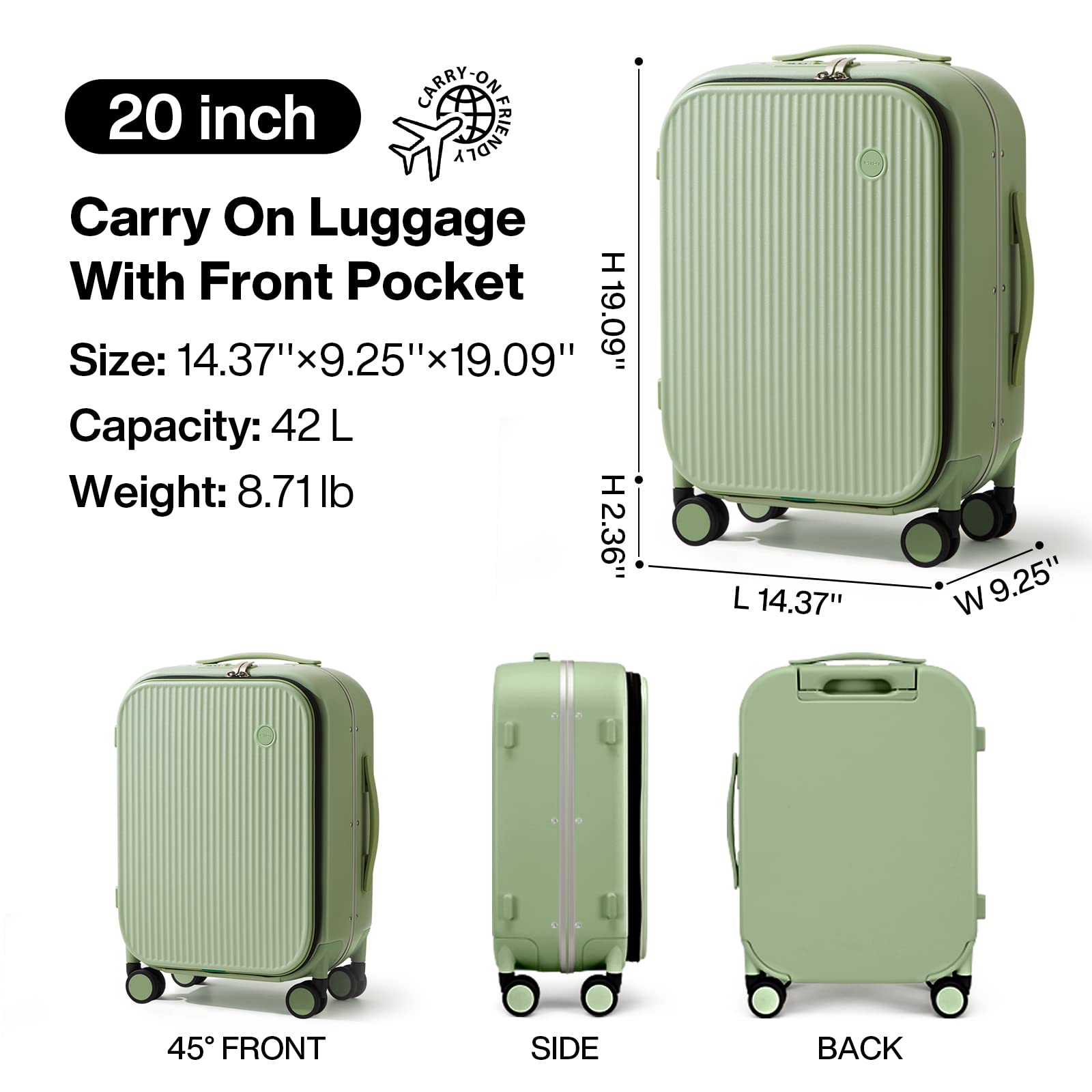 mixi Carry On Luggage, 20'' Suitcases with Spinner Wheels, Rolling Travel Suitcase with Front Laptop Pocket Luggage Aluminum Frame PC Hardside with TSA Lock and Cover, Avocado Green