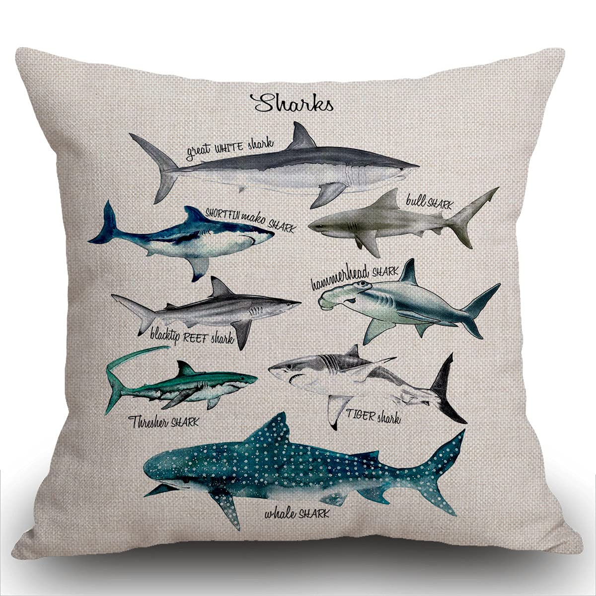 Smooffly Sharks Cushion Cover Sealife Throw Pillow Cover Marine Theme Decorative Pillow Case 18 X 18 Inch for Sofa Couch Bed and Car 45 x 45 cm