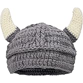 Hshsclth Viking Knit Hat with Bull Horns Barbarian Horn Crochet Viking Helmet Halloween Costume Cap for Kids and Adults