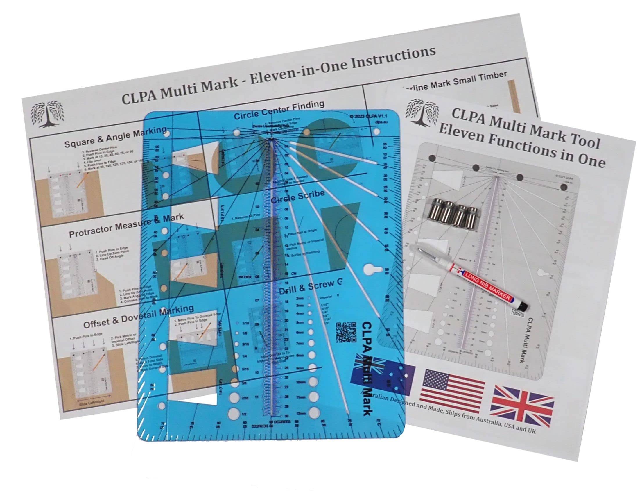 CLPA Multi Mark Tool - Can be a Square, Angle Marker, Protractor, or can Scribe a Centreline, Circle, Offset, Large Circle Centre Finder, Dovetail Marker. and a Drill Size Gauge.