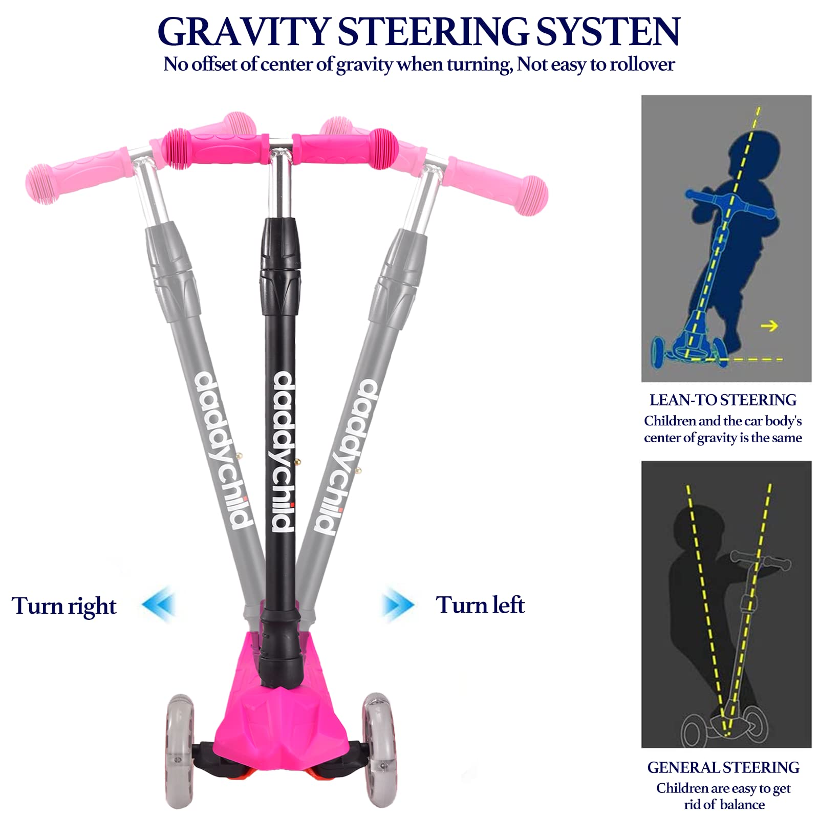 Kids Kick Scooter, 3 Wheeled Scooter for Kids, Child/Toddlers Toy, Adjustable Height, Anti-Slip Deck, Flashing Wheel Lights, for Boys/Girls 3-12 Year Old