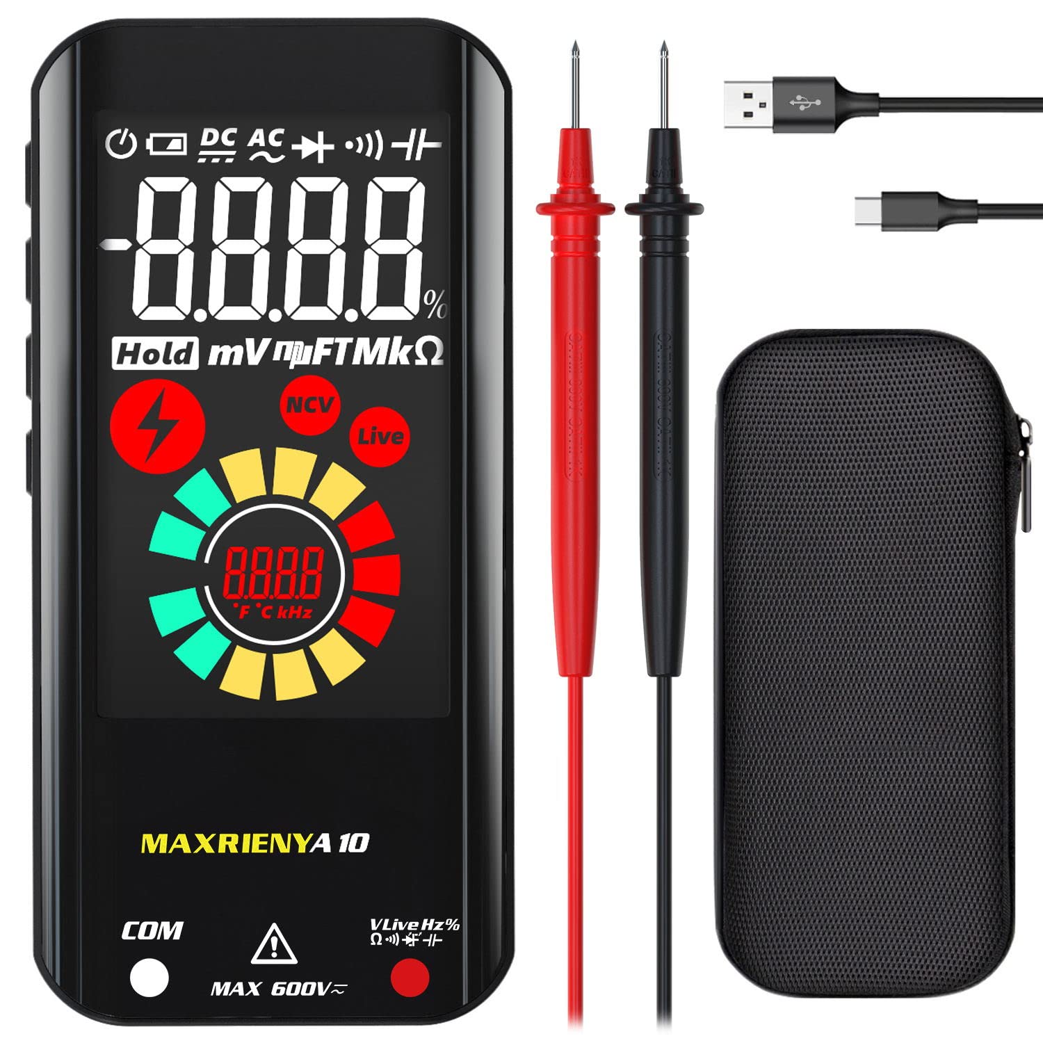 MAXRIENY Digital Multimeter, Rechargeable with Smart Mode, Color LCD 3 Results Display 6000 Counts Auto-Ranging Ohmmeter Capacitance Diode Resistance Hz Duty Cycle V-Alert Live Check Voltage Tester — image 1