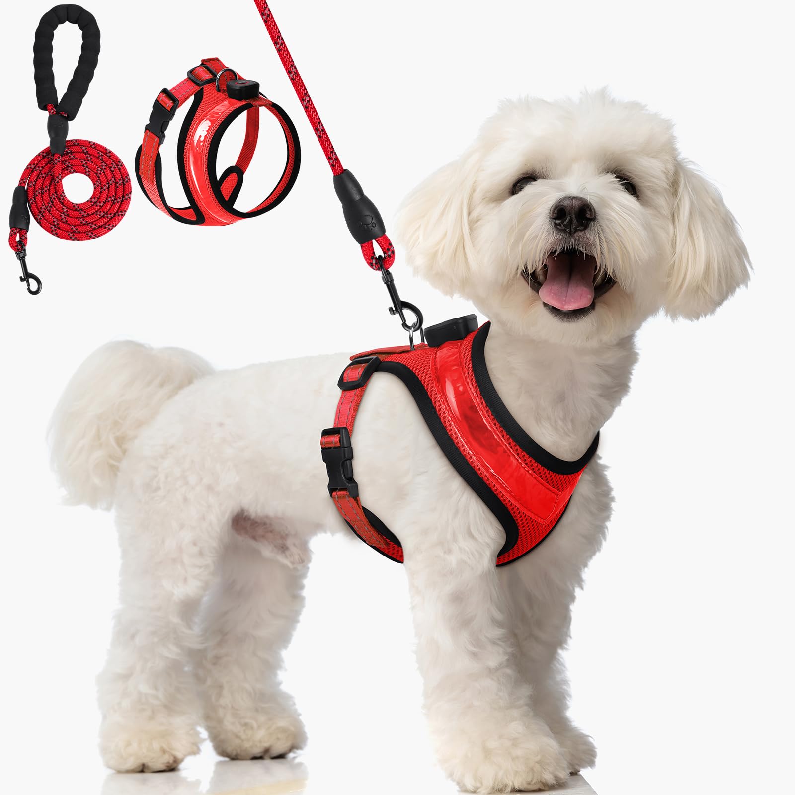 AUAUY Light Up Dog Harness - Rechargeable LED, Adjustable for Small to Large Dogs - Waterproof, Reflective (Red-XS)