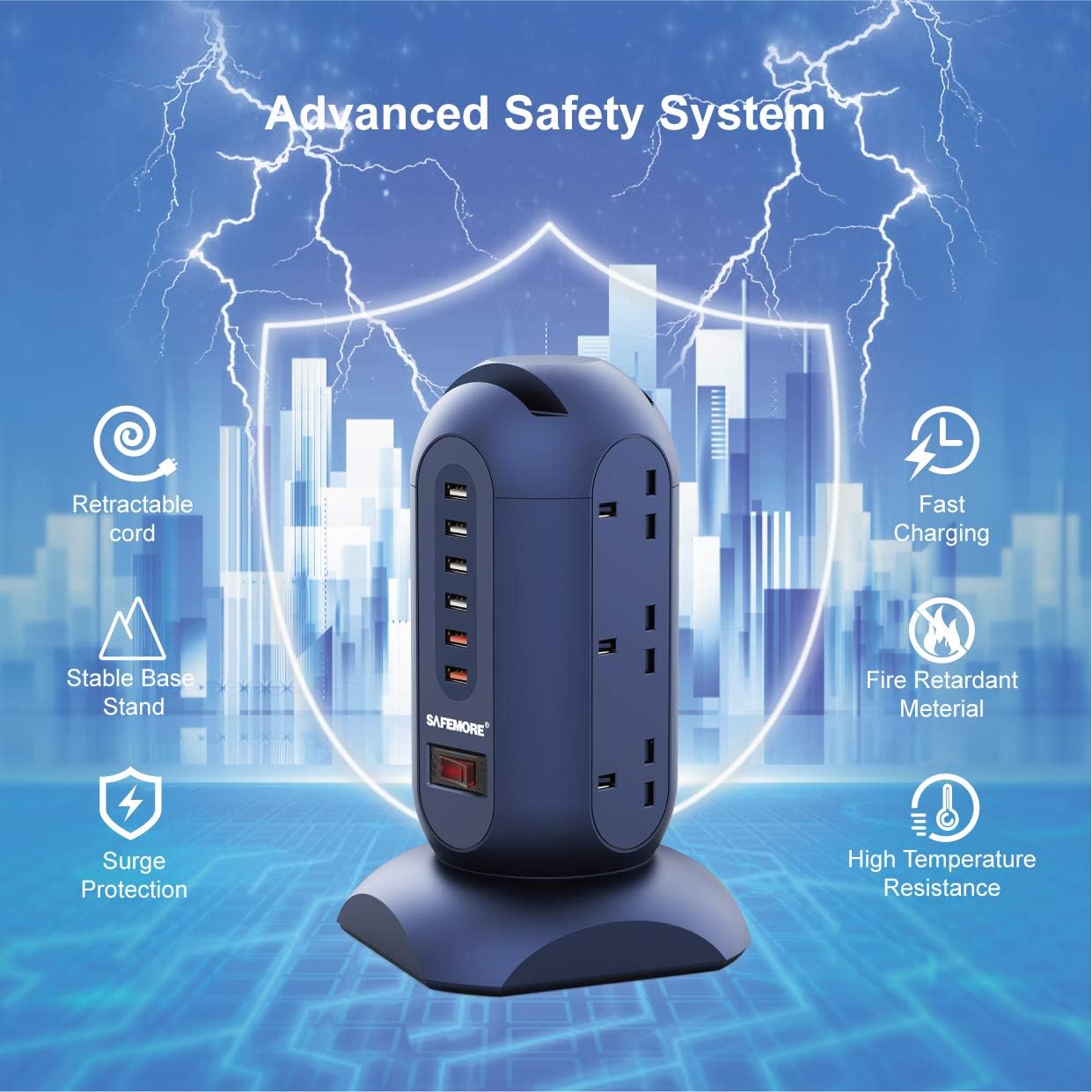 Extension Lead with USB Slots, SAFEMORE 9 Outlets Power Strip Tower