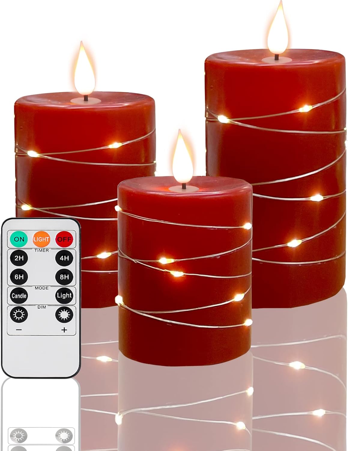 Lighting - Fanzir Red Flameless Candles with String Lights Battery Operated LED Pillar Candles 4‘’ 5‘’ 6‘’ Candle with Remote Control, Set of 3