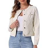 Allegra K Women's Denim Jacket Collarless Round Neck Button Down Long Sleeve Jean Jackets