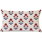 PANDICORN Block Print Throw Pillow Covers 12x20 Inch Red and Blue Vintage Boho Floral Outdoor Decorations Lumbar Decorative Throw Pillows Cases Covers for Home Living Room Couch Decor