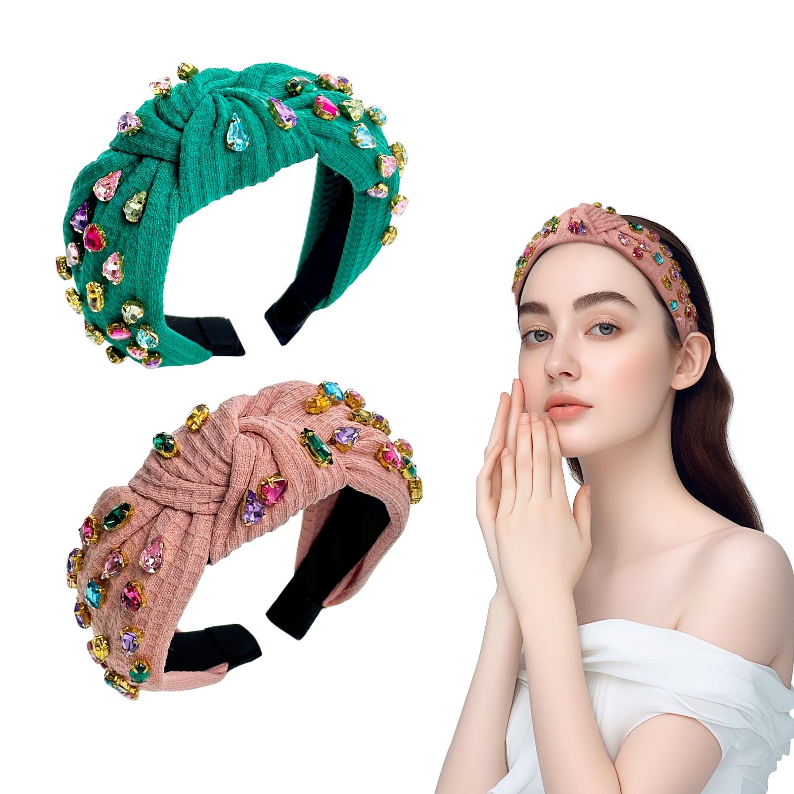 Photo 1 of 2 Pcs St. Patrick's Day Knotted Headbands for Women Colorful Crystal Fashion Headband Wide Top Rhinestone Headband for Mother's Day, Birthday Favors, Holiday Party Hair Accessories