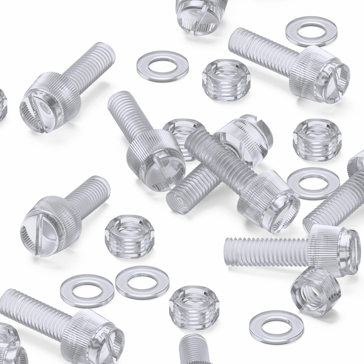 20x Transparent Clear Plastic Acrylic Thumbscrews, Slotted+knurled M5 x 16mm, Nuts, Washers & Bolts