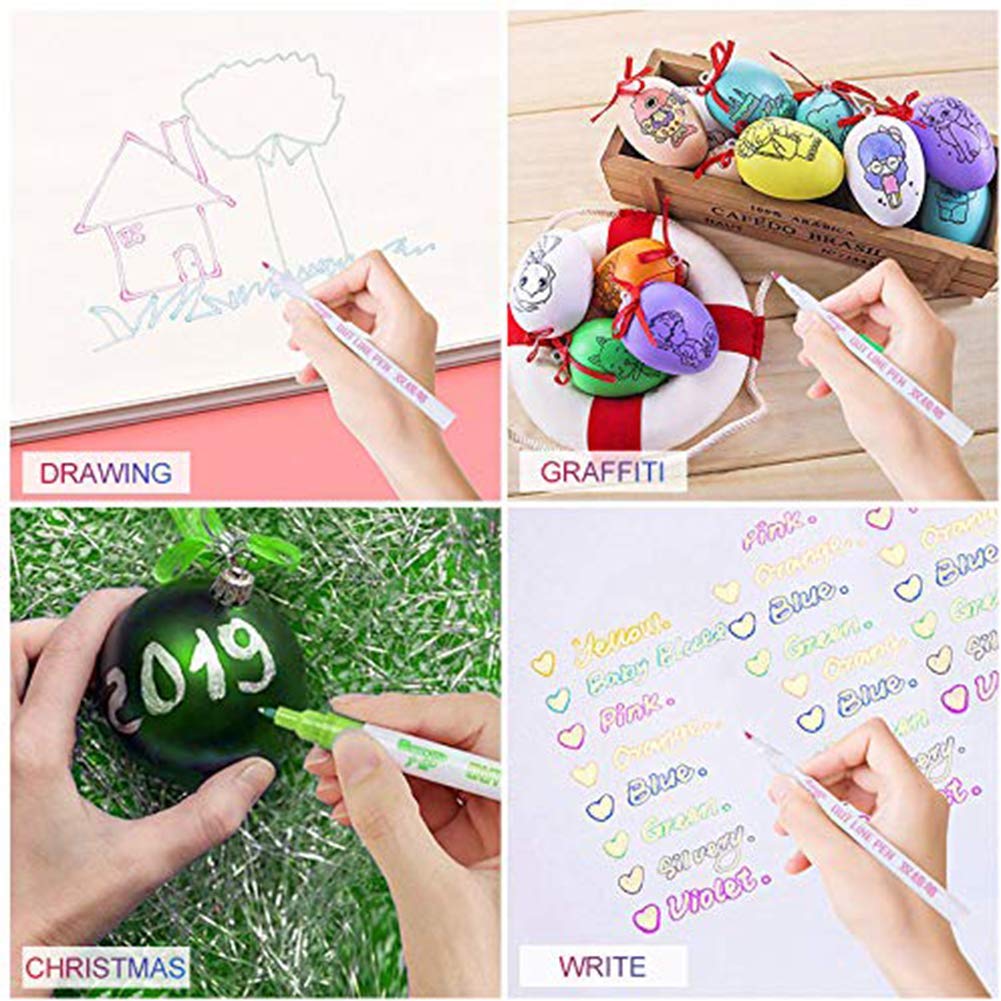 Stylo Contour Double Ligne, SouthStar 8pcs Stylo de Couleur à Deux Lignes Stylos de Surligneur de Marqueurs Métalliques pour La Fabrication de Cartes-Cadeaux, Peinture de Roche D\'art