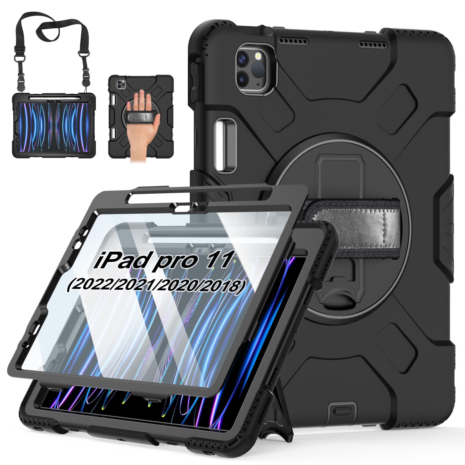 Photo 1 of Case for iPad Pro 11 Inch (2022/2021/ 2020/2018): Silicone Cover for iPad 11 (4th/ 3rd/ 2nd/ 1st) Generation with Screen Protector- Stand- Handle- Shoulder Strap- Pencil Holder