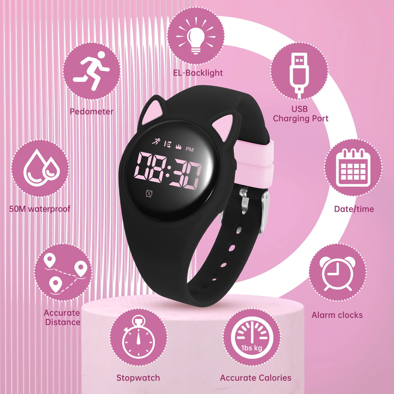 Bigmeda Kids Watch, Digital Watch, Sport Watch with Alarm Clock, Stopwatch, Waterproof Fitness Tracker with No App for Ages 5-12 Children (MEHeipin-Black Pink)