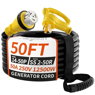 PlugSaf 50 Amp Generator Cord, 50FT 50 Amp RV Extension Cord with Twist Lock, Generator Cable 50A 4 Prong Yellow, NEMA 14-50P/SS2-50R Heavy Duty STW Wire for RV Camper & House