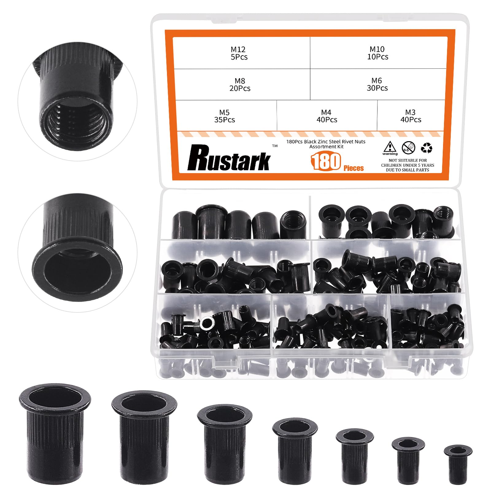 Rustark 180Pcs Metric Rivet Nuts Carbon Steel Black Zinc Plated Rivet Nuts Assortment Kit Knurled Flat Head Rivnuts Threaded Insert Nuts