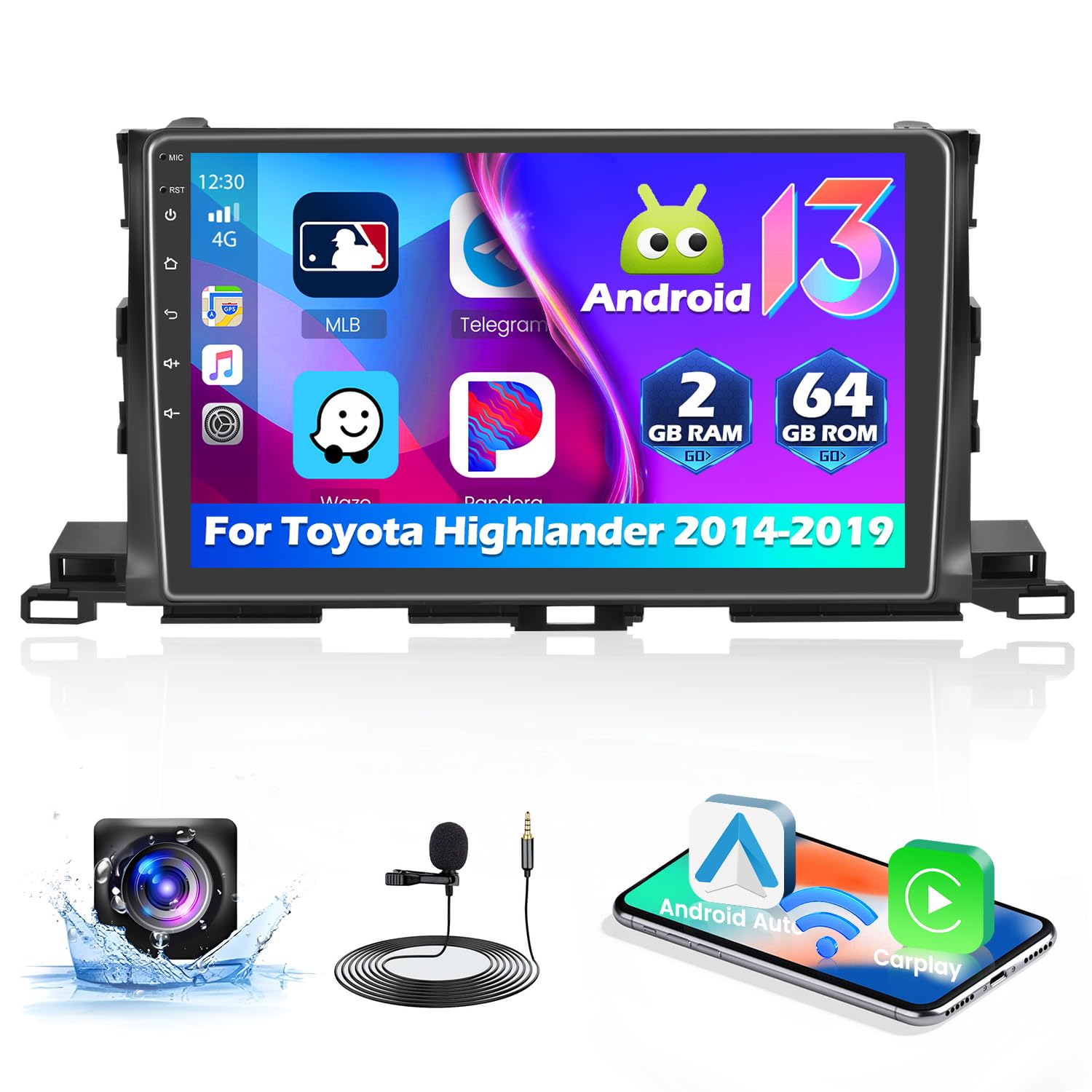 Photo 1 of [2G+64G] Android Car Radio Stereo for Toyota Highlander 2014-2019, 10.1 inch IPS Touch Screen, Wireless Carplay/Android Auto/Bluetooth/GPS/FM RDS/SWC/WiFi +AHD Backup Cam