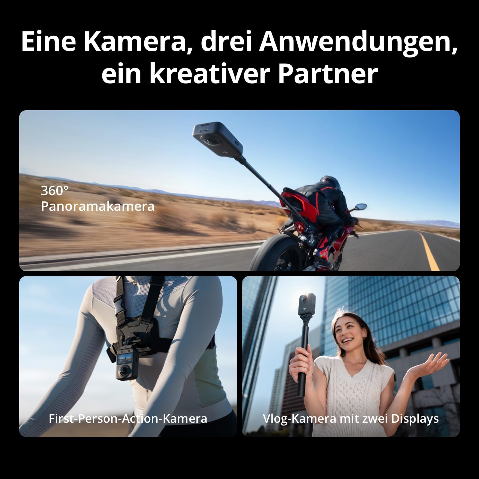 DJI Osmo 360 Essential Combo, 360 Kamera mit 1-Zoll 360° Aufnahmen, Natives 8K 360° Video, 1,2 m unsichtbarer Selfie-Stick-Kit, verlängerte Akkulaufzeit mit 2 Akkus 10