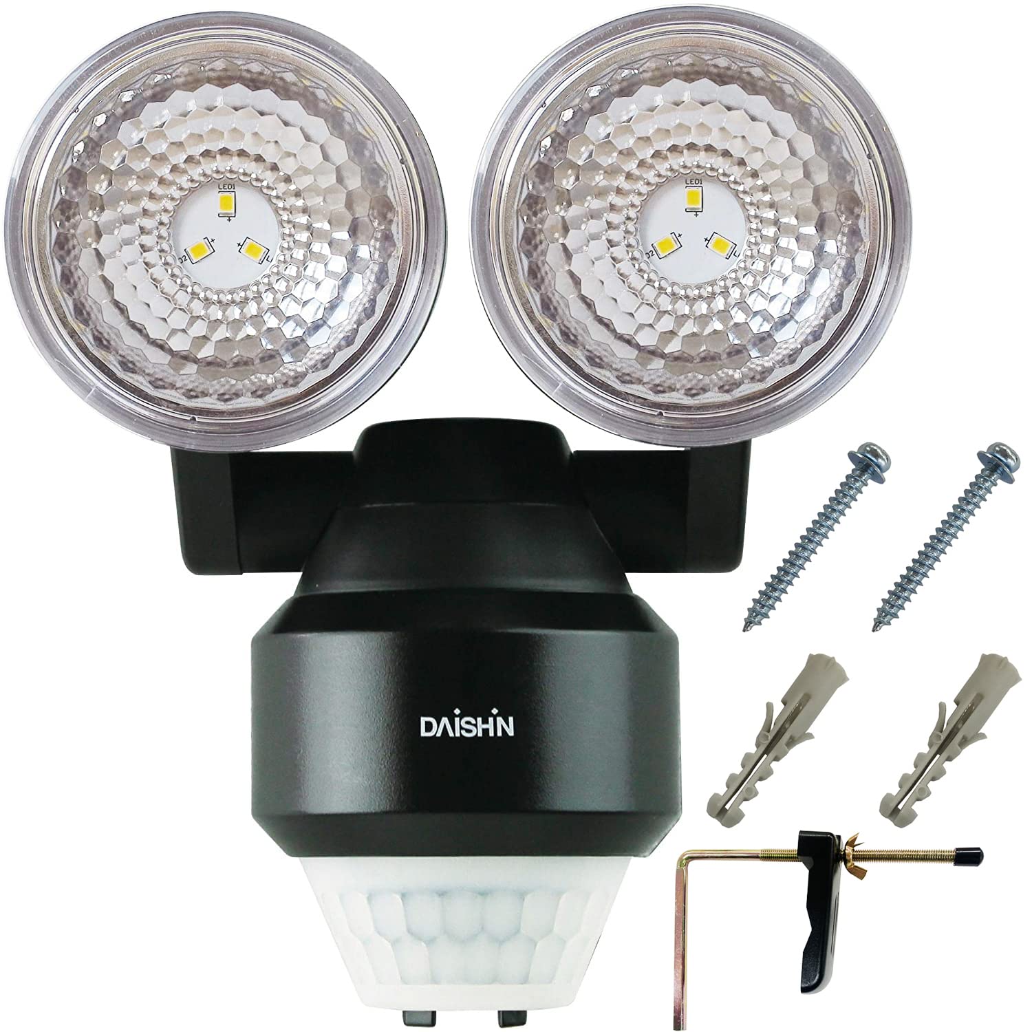 DAISHIN DLB-NS200 センサーライト 200ルーメン 2灯式 単三電池 単3電池 駐車場 賃貸 調整 取付ブラケット 配管 電池 電池式 停電 威嚇 内玄関 屋外 人感 屋外 防水 明るい 壁 強力 暗くなると点灯 広範囲商品画像
