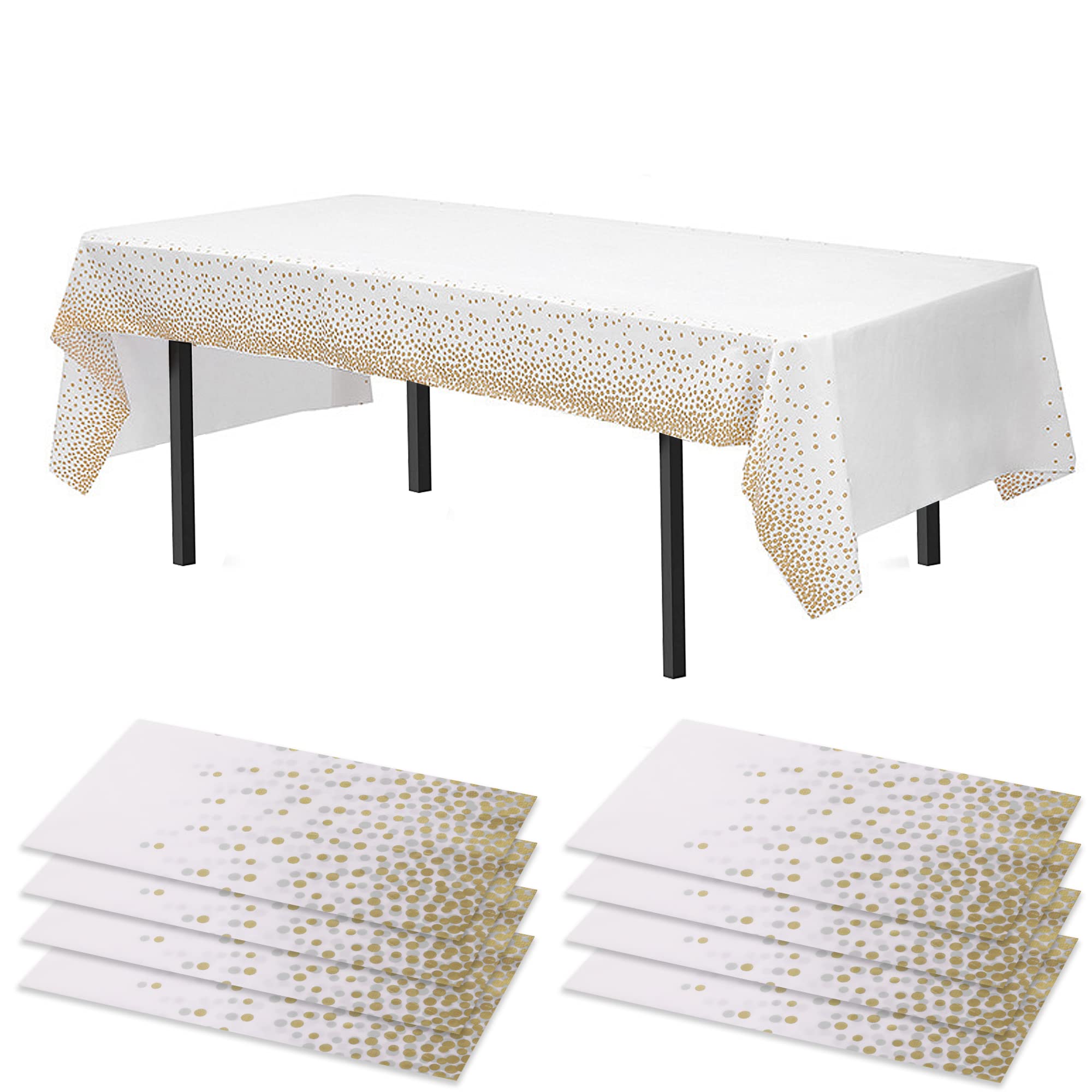 Time to Sparkle 8 Pack Plastic Tablecloths 54" x 108" Plastic Dining Table Cloth Premium Rectangle Table Cover for Parties Wedding Banquet etc Indoor Or Outdoor(White Gold)