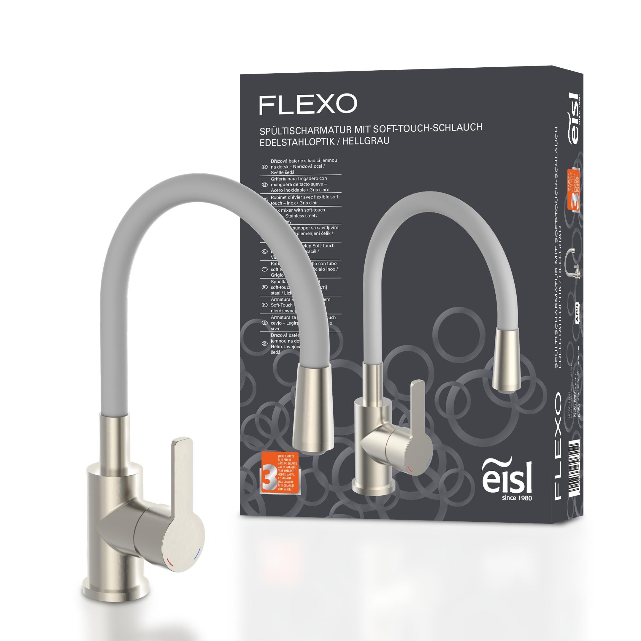 EISL Flexo Edelstahl/Grau Flexible Spültischarmatur, biegsamer Wasserhahn für die Küche, hoher Auslauf mit Soft-Touch-Schlauch, 360 Grad schwenkbar, Wasserhahn Küche flexibel, NI186FLNIG