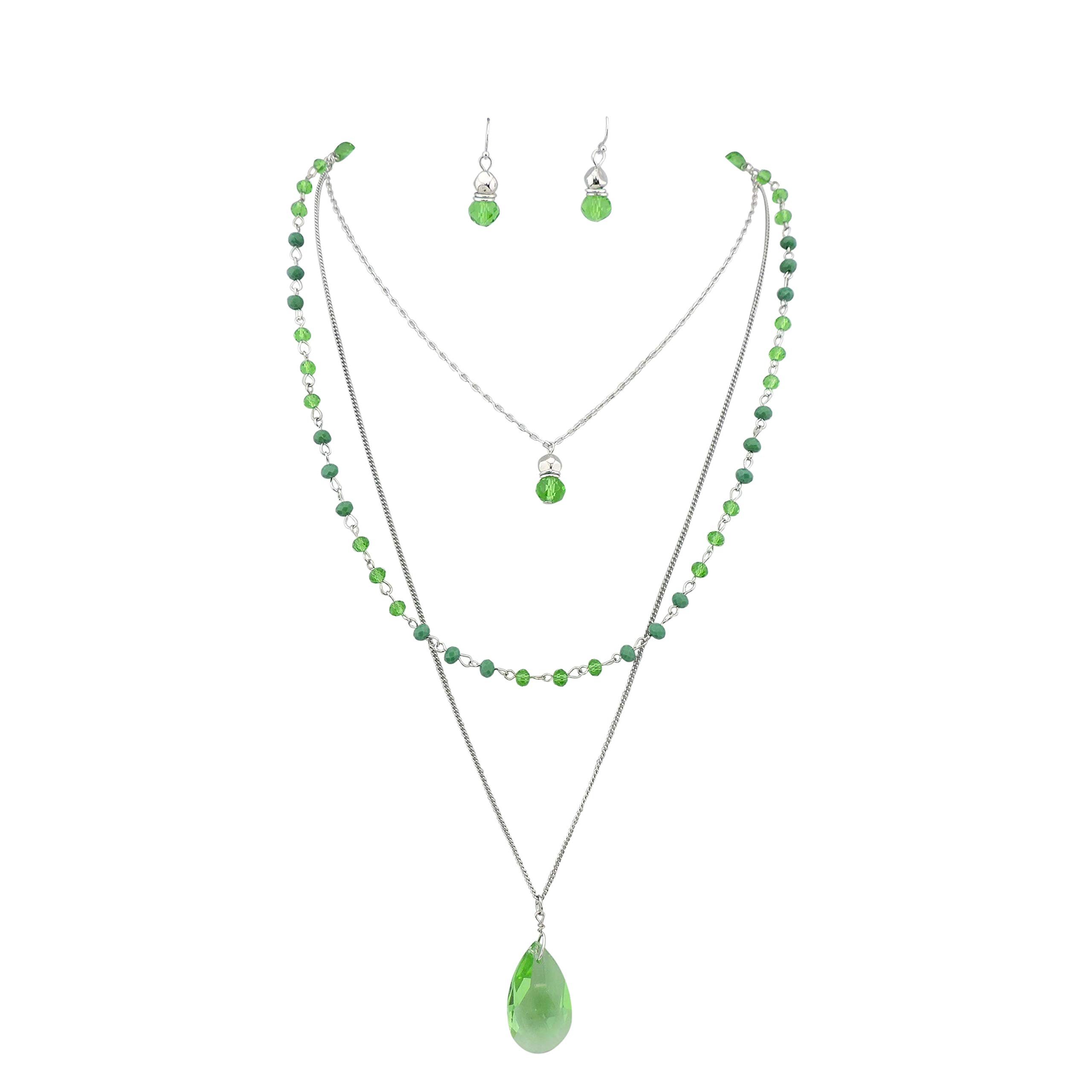 Bocar 3 Layer Jewelry Set Long Chain Pendant Bead Necklace Earring for Women (NK-10036-greenery)